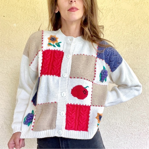 Vintage Sweaters - Vintage Knitted Patchwork Cardigan Women’s Red White Blue Fruits Sunflower Large